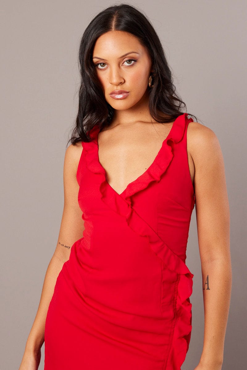 Red Ruffle Dress Wrap Midi Chiffon for Ally Fashion