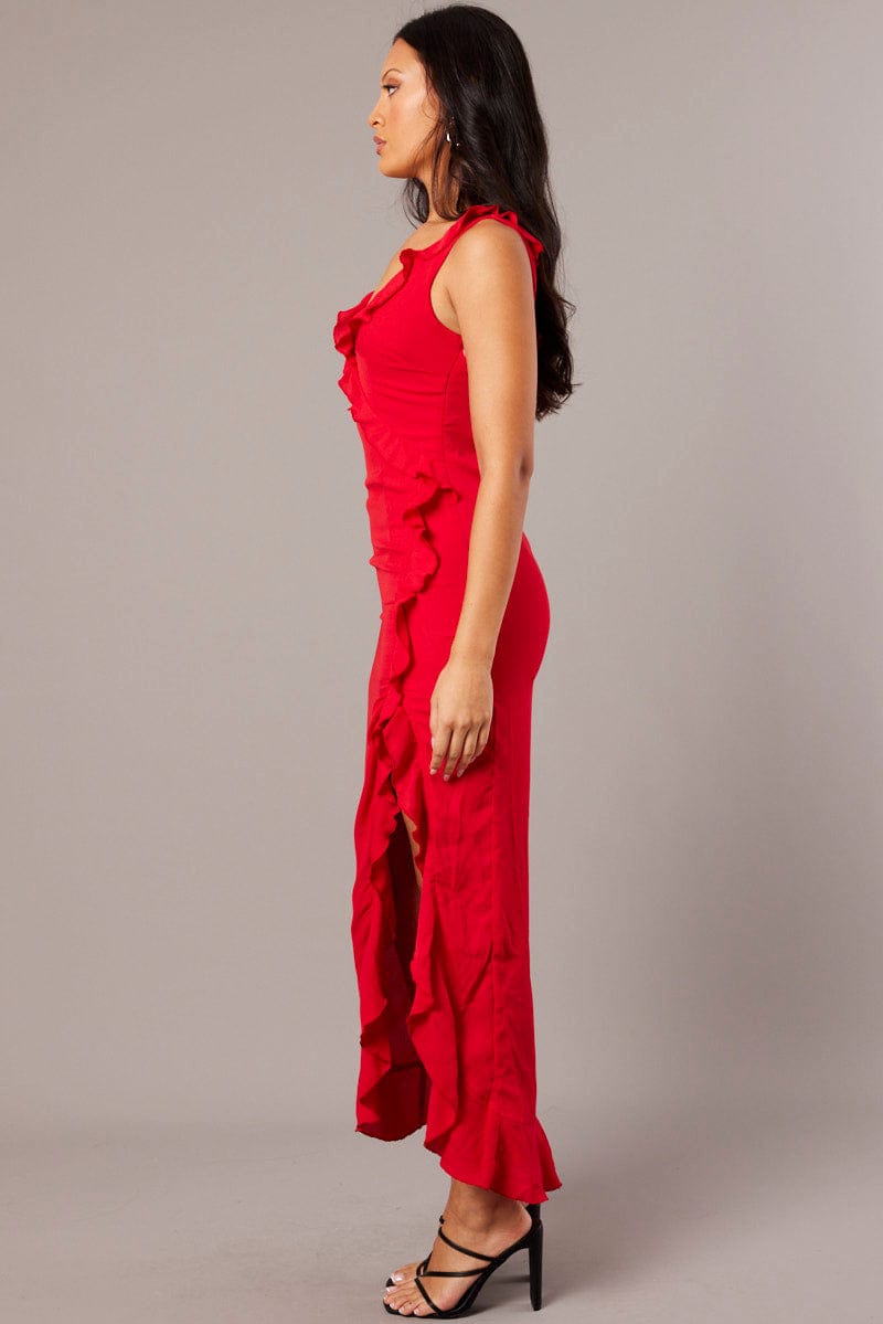 Red Ruffle Dress Wrap Midi Chiffon for Ally Fashion