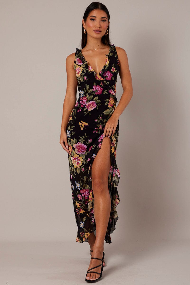 Black Floral Ruffle Midi Dress Wrap Frill Dress for Ally Fashion