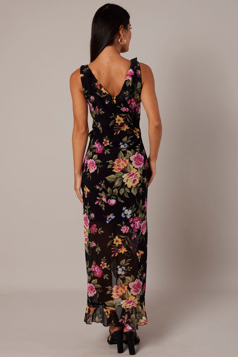 Black Floral Ruffle Midi Dress Wrap Frill Dress for Ally Fashion