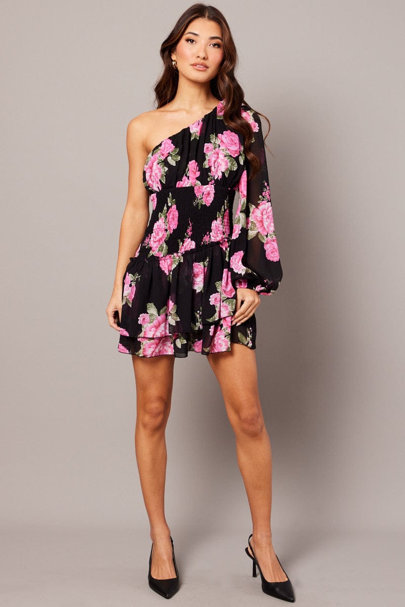 Black Floral One Shoulder Balloon Sleeve Layered Skater Dress for Ally Fashion