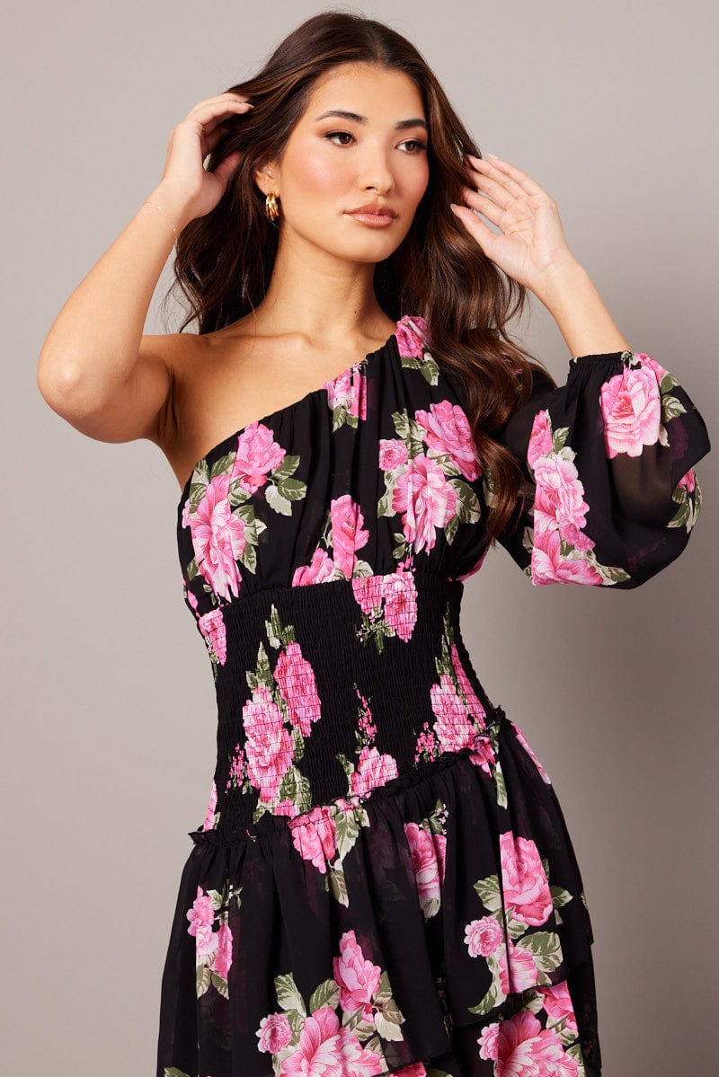 Black Floral One Shoulder Balloon Sleeve Layered Skater Dress for Ally Fashion