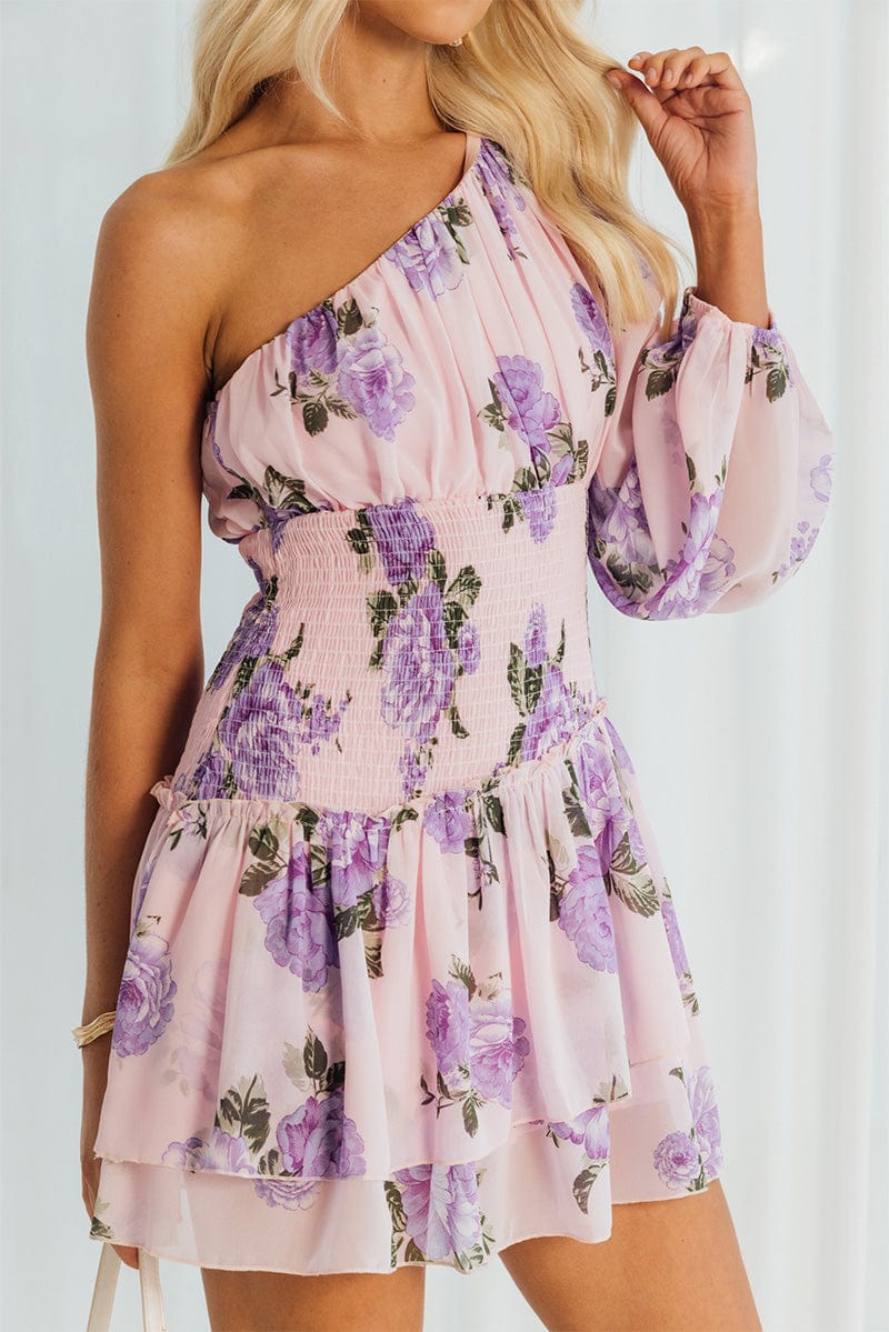 Pink Floral One Shoulder Balloon Sleeve Layered Skater Dress for Ally Fashion