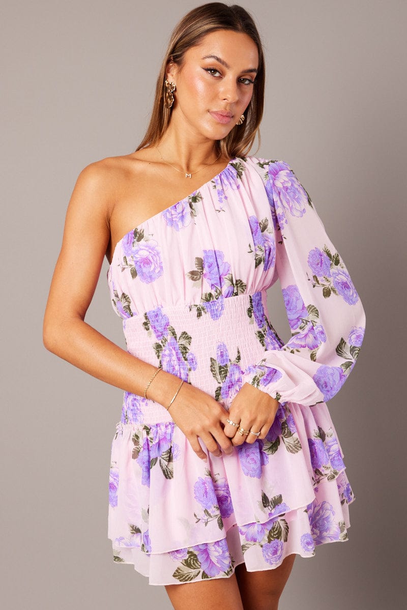 Pink Floral One Shoulder Balloon Sleeve Layered Skater Dress | Ally Fashion Pink Floral One Shoulder Balloon Sleeve Layered Skater Dress | Ally Fashion