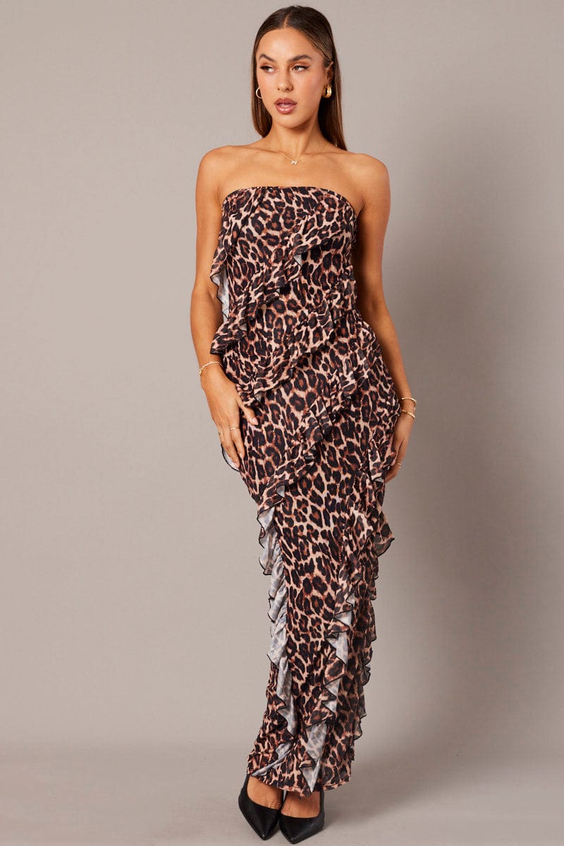 Brown Animal Print Ruffle Maxi Dress Strapless  Bandeau Frilly Dress for Ally Fashion