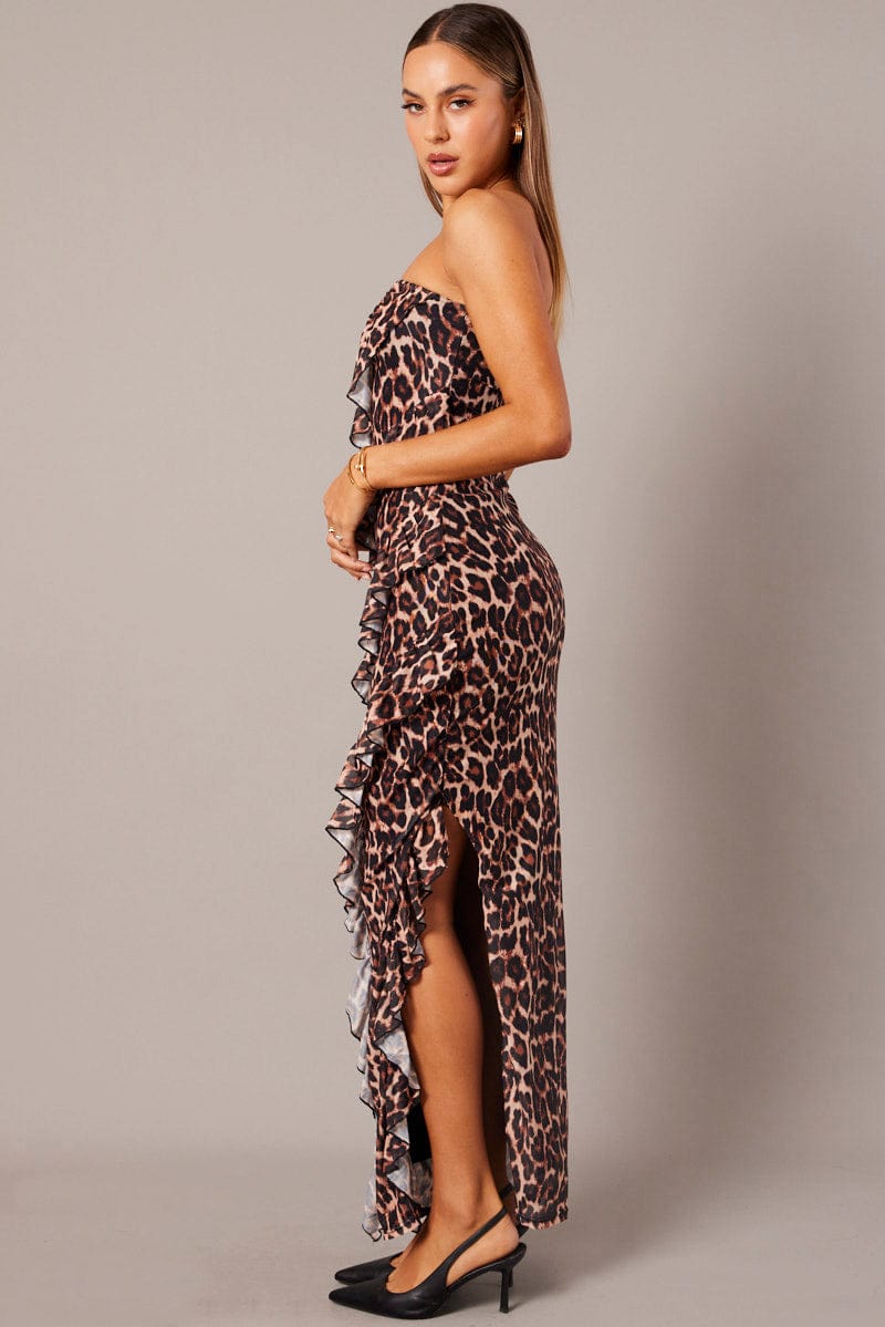 Brown Animal Print Ruffle Maxi Dress Strapless  Bandeau Frilly Dress for Ally Fashion