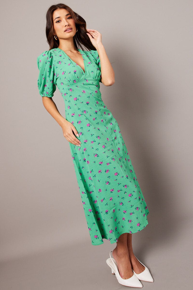 Green Floral Midi Dress Puff Sleeve Tea Dress for Ally Fashion