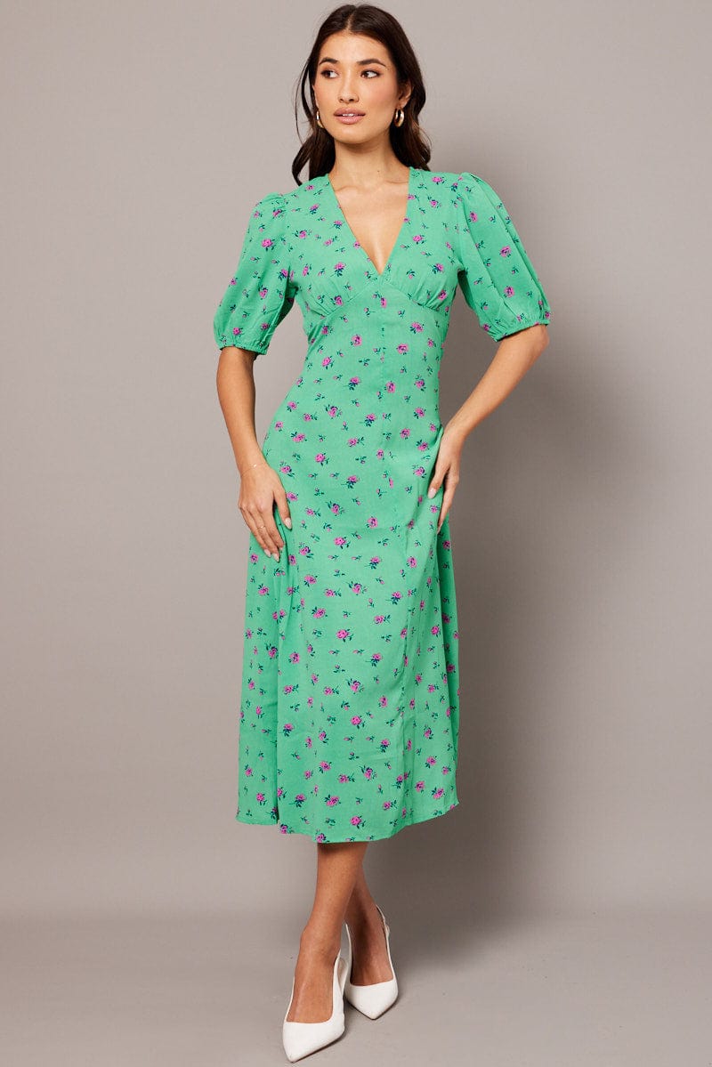 Green Floral Midi Dress Puff Sleeve Tea Dress Ally Fashion