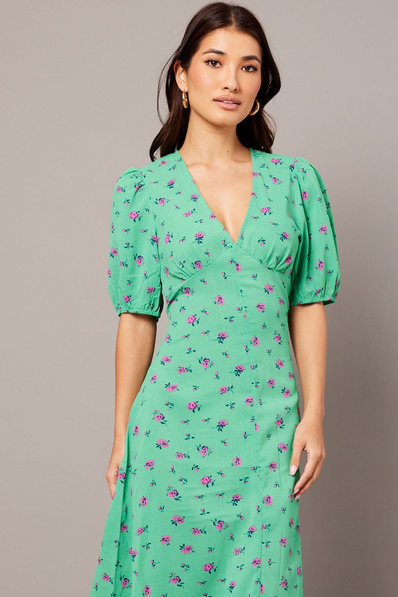 Green Floral Midi Dress Puff Sleeve Tea Dress | Ally Fashion