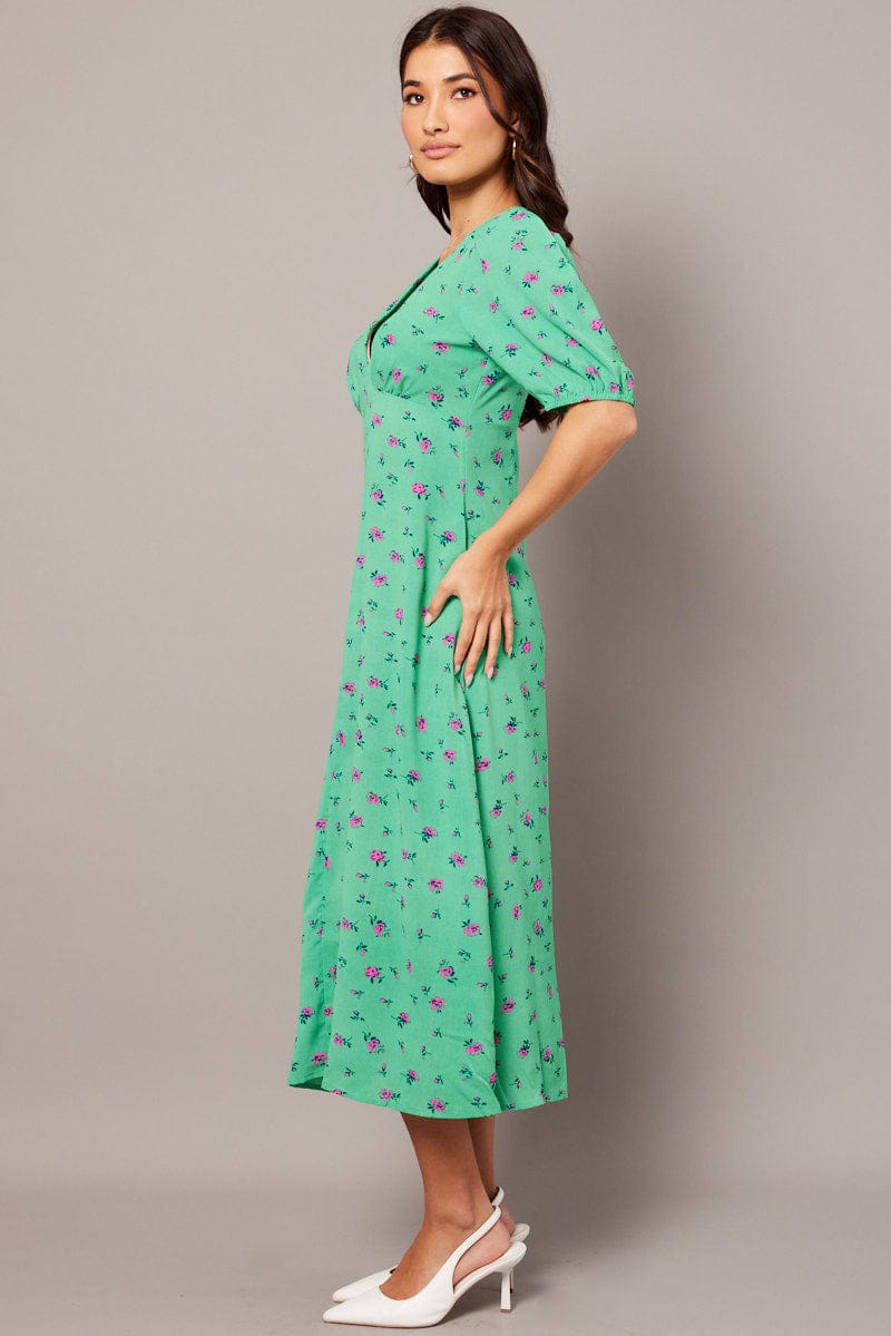 Green Floral Midi Dress Puff Sleeve Tea Dress for Ally Fashion