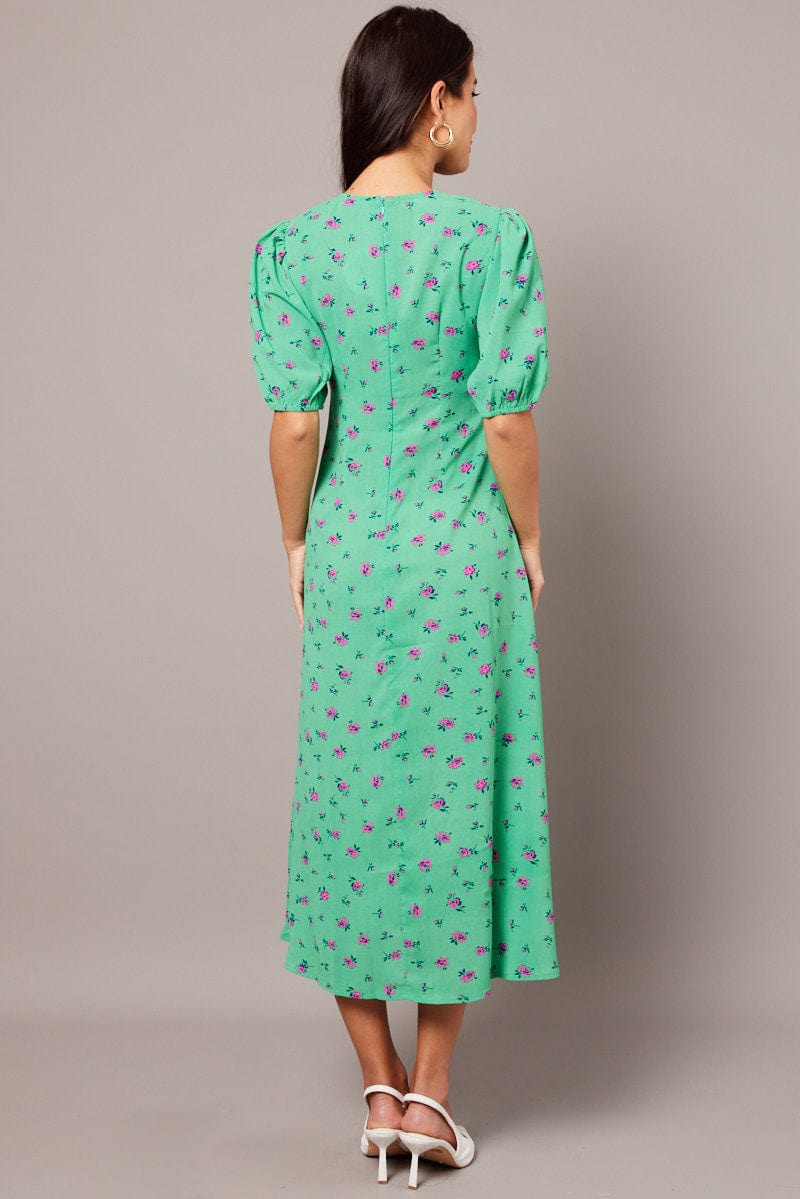 Green Floral Midi Dress Puff Sleeve Tea Dress for Ally Fashion