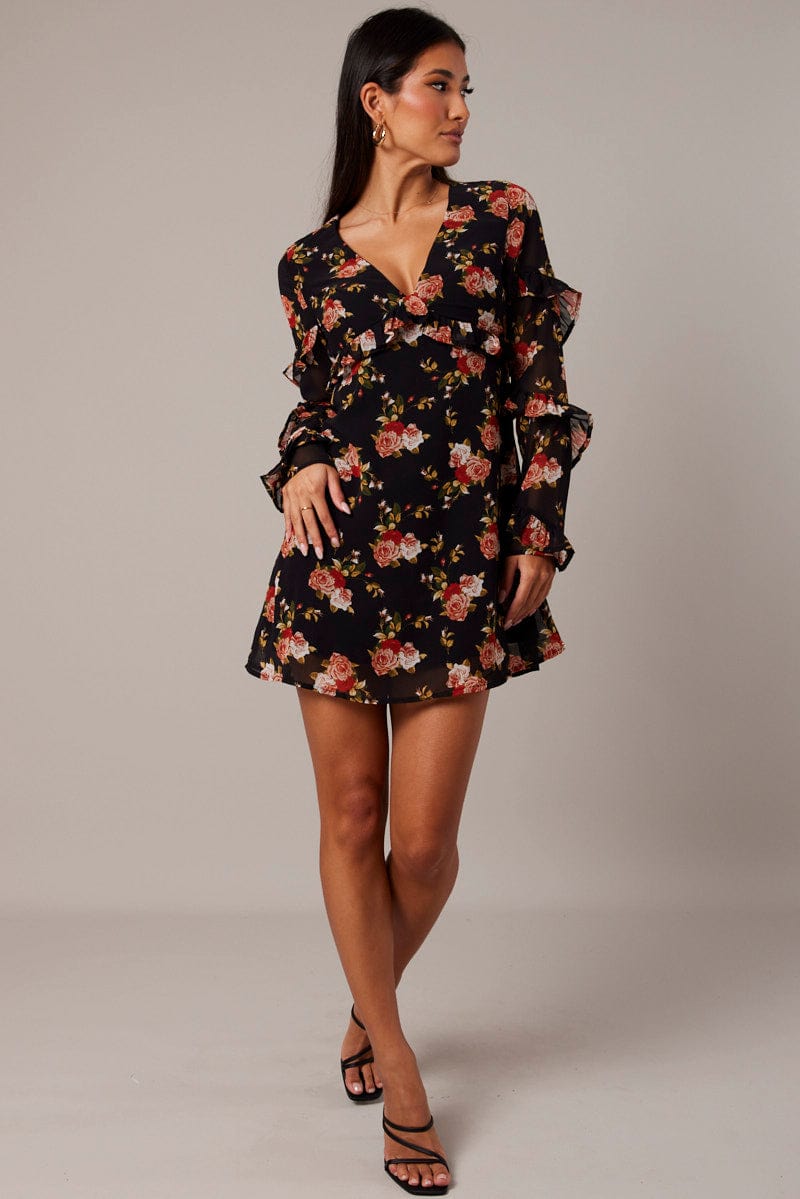 Black Floral Smock Dress Ruffle Sleeve  Dress for Ally Fashion