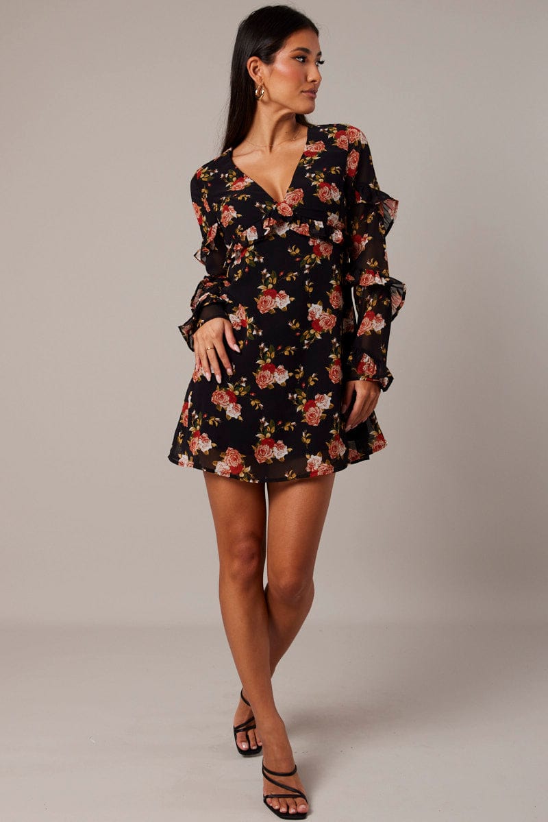 Black Floral Smock Dress Ruffle Sleeve Dress | Ally Fashion