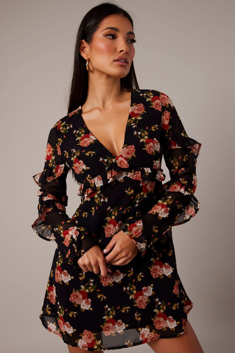 Black Floral Smock Dress Ruffle Sleeve Dress | Ally Fashion