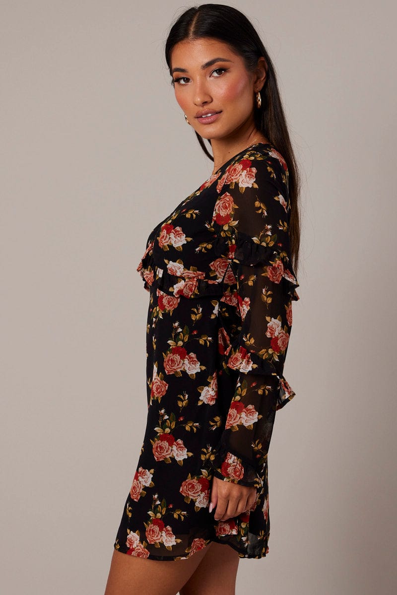 Black Floral Smock Dress Ruffle Sleeve Dress | Ally Fashion
