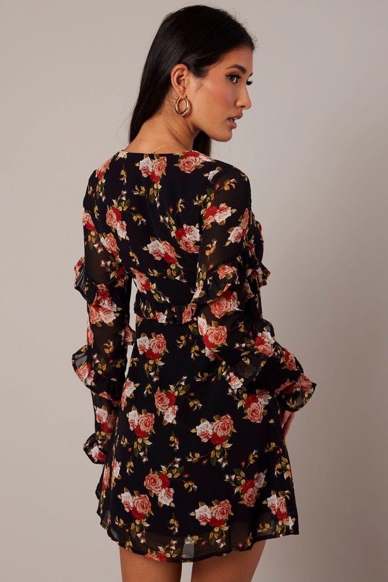 Black Floral Smock Dress Ruffle Sleeve  Dress for Ally Fashion