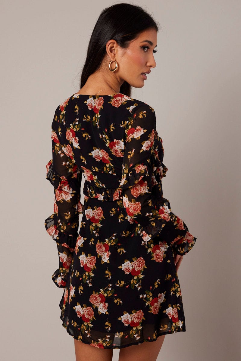 Black Floral Smock Dress Ruffle Sleeve Dress | Ally Fashion