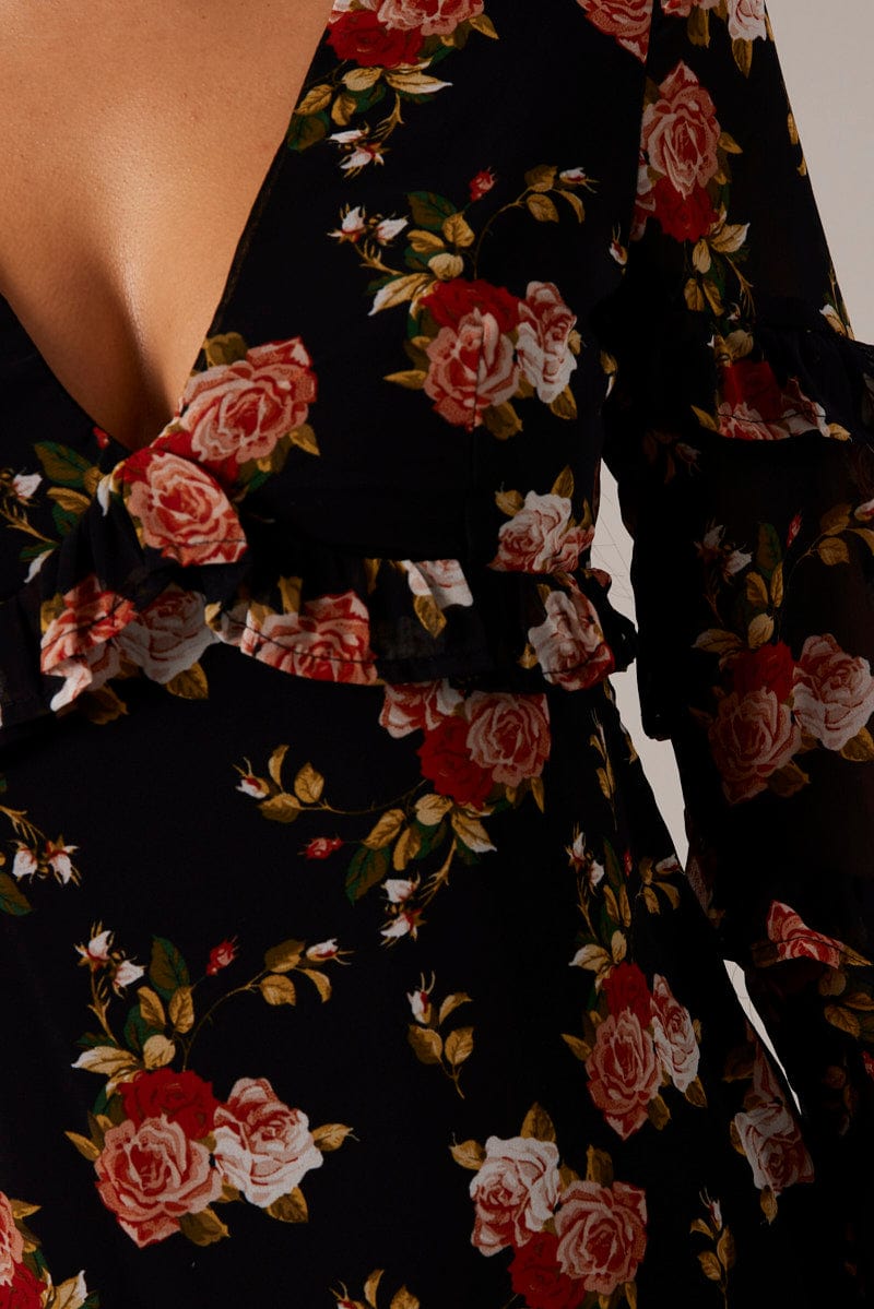 Black Floral Smock Dress Ruffle Sleeve Dress | Ally Fashion