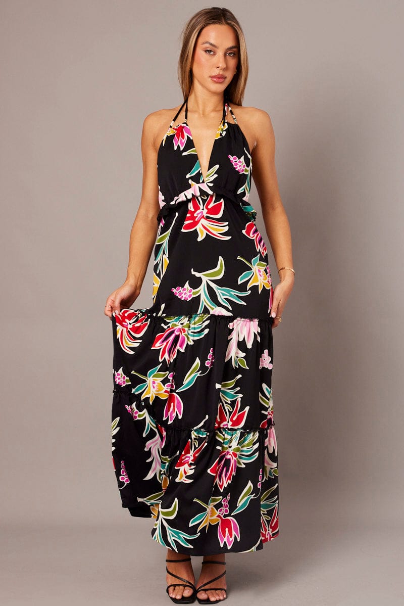 Black Floral Halter Neck Ruffle Tiered Maxi Dress for Ally Fashion
