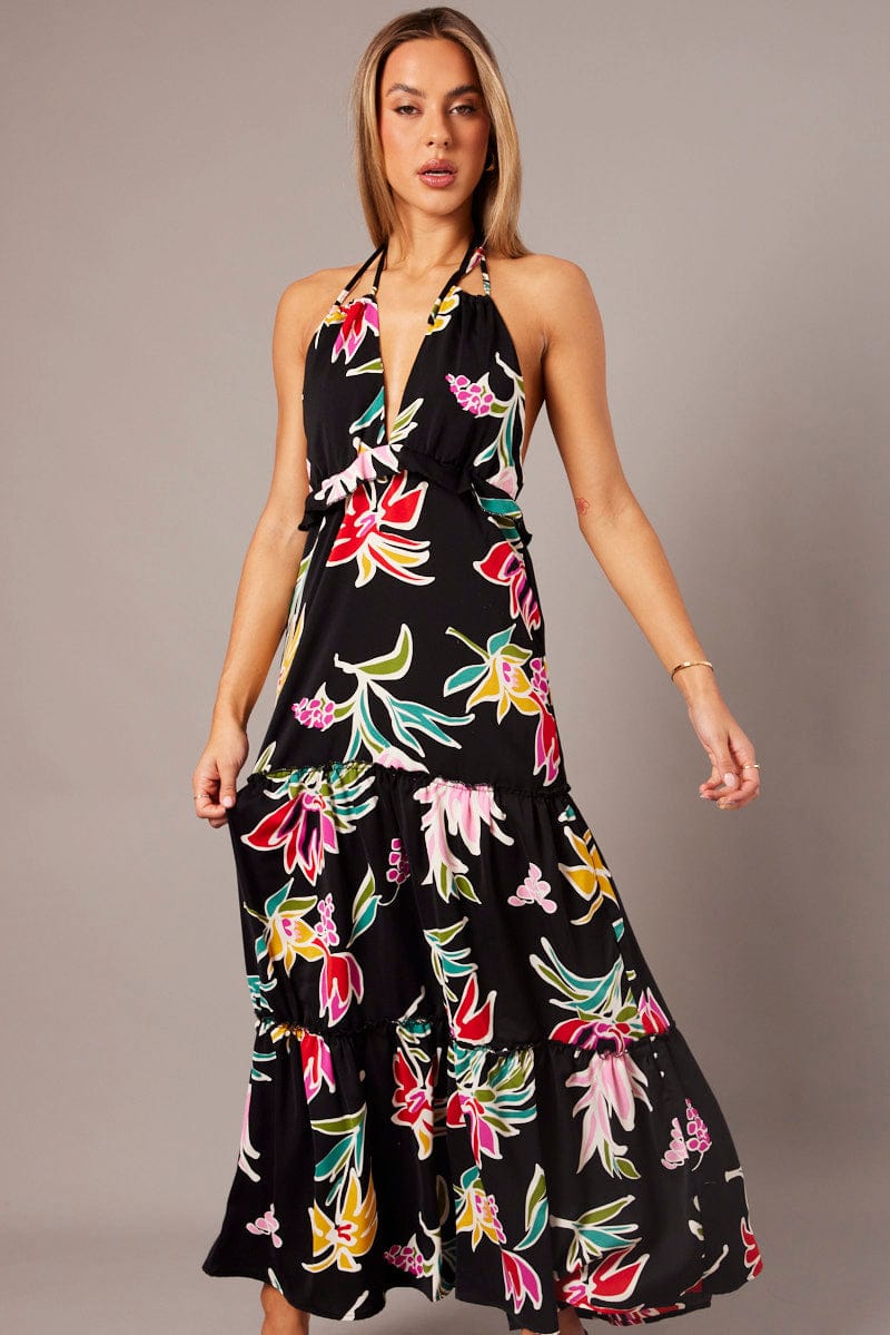 Black Floral Halter Neck Ruffle Tiered Maxi Dress for Ally Fashion