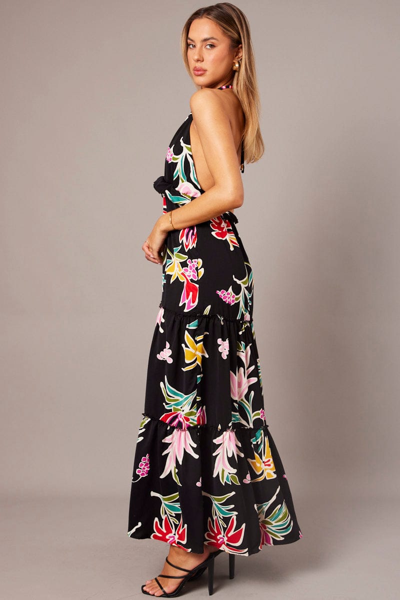 Black Floral Halter Neck Ruffle Tiered Maxi Dress for Ally Fashion