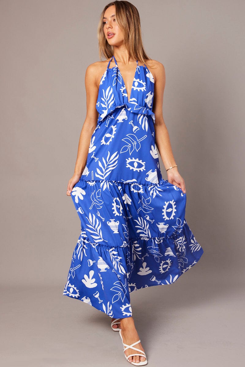 Blue Abstract Maxi Dress Halter Neck Tiered Ruffle Dress for Ally Fashion