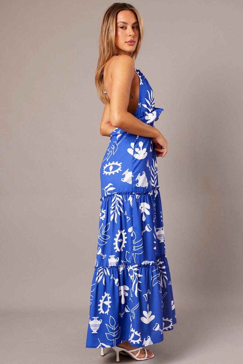 Blue Abstract Maxi Dress Halter Neck Tiered Ruffle Dress for Ally Fashion