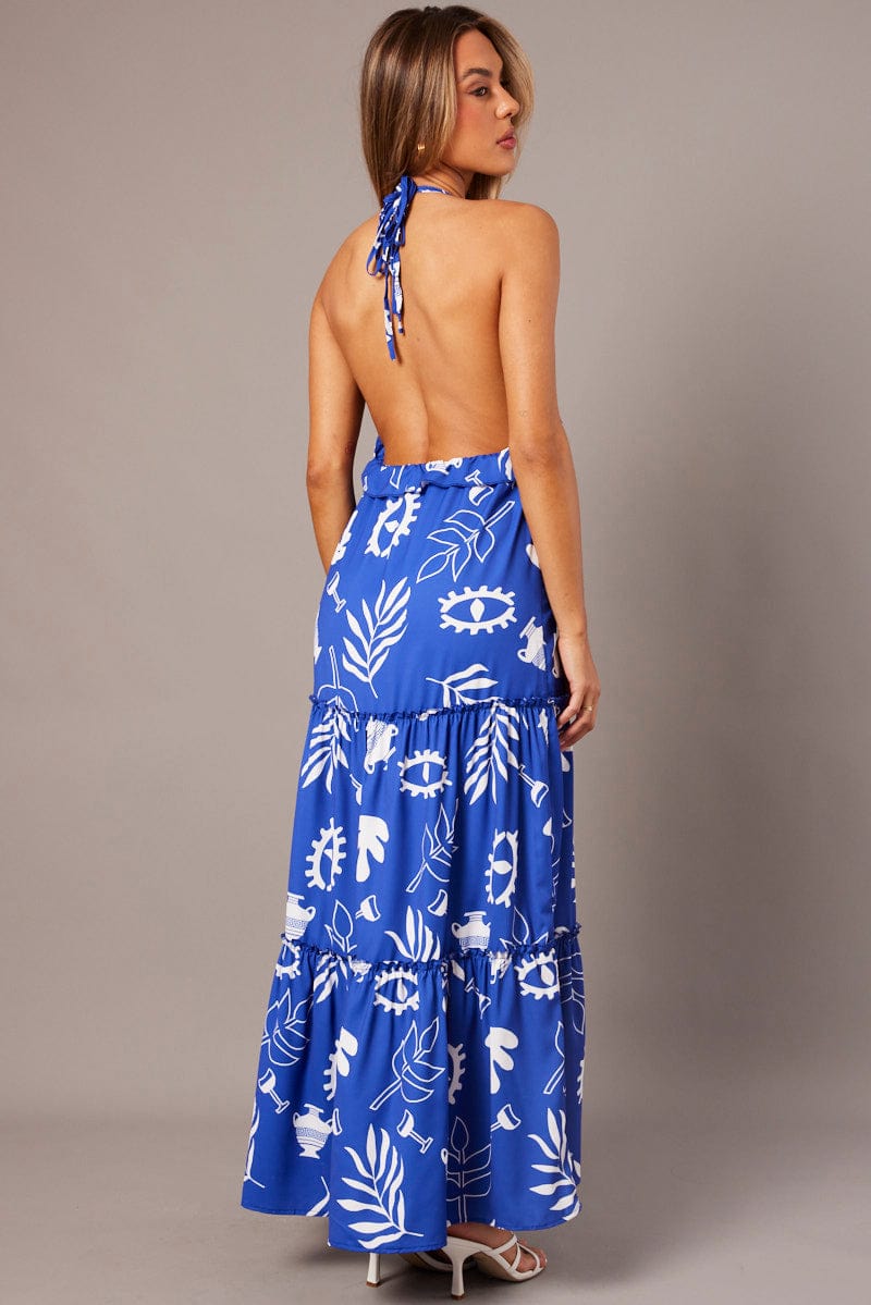 Blue Abstract Maxi Dress Halter Neck Tiered Ruffle Dress for Ally Fashion