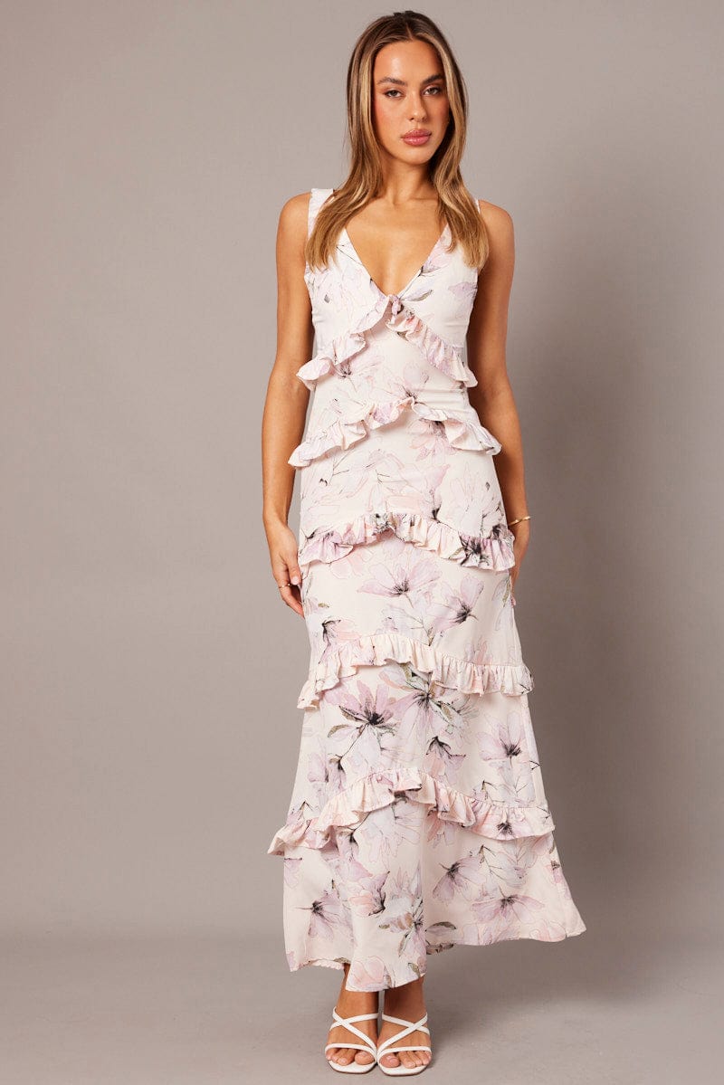 Pink Floral Maxi Dress Tiered Ruffles for Ally Fashion