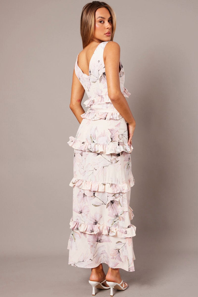 Pink Floral Maxi Dress Tiered Ruffles for Ally Fashion