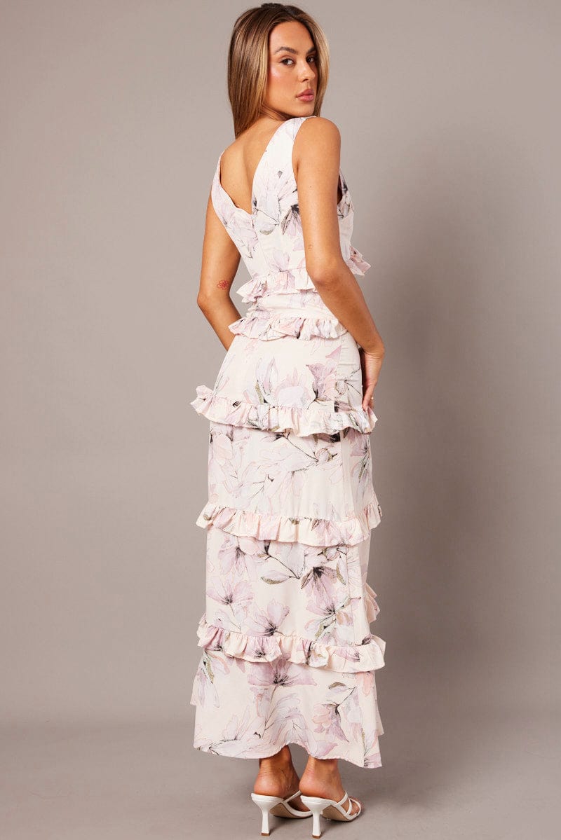Pink Floral Maxi Dress Tiered Ruffles | Ally Fashion