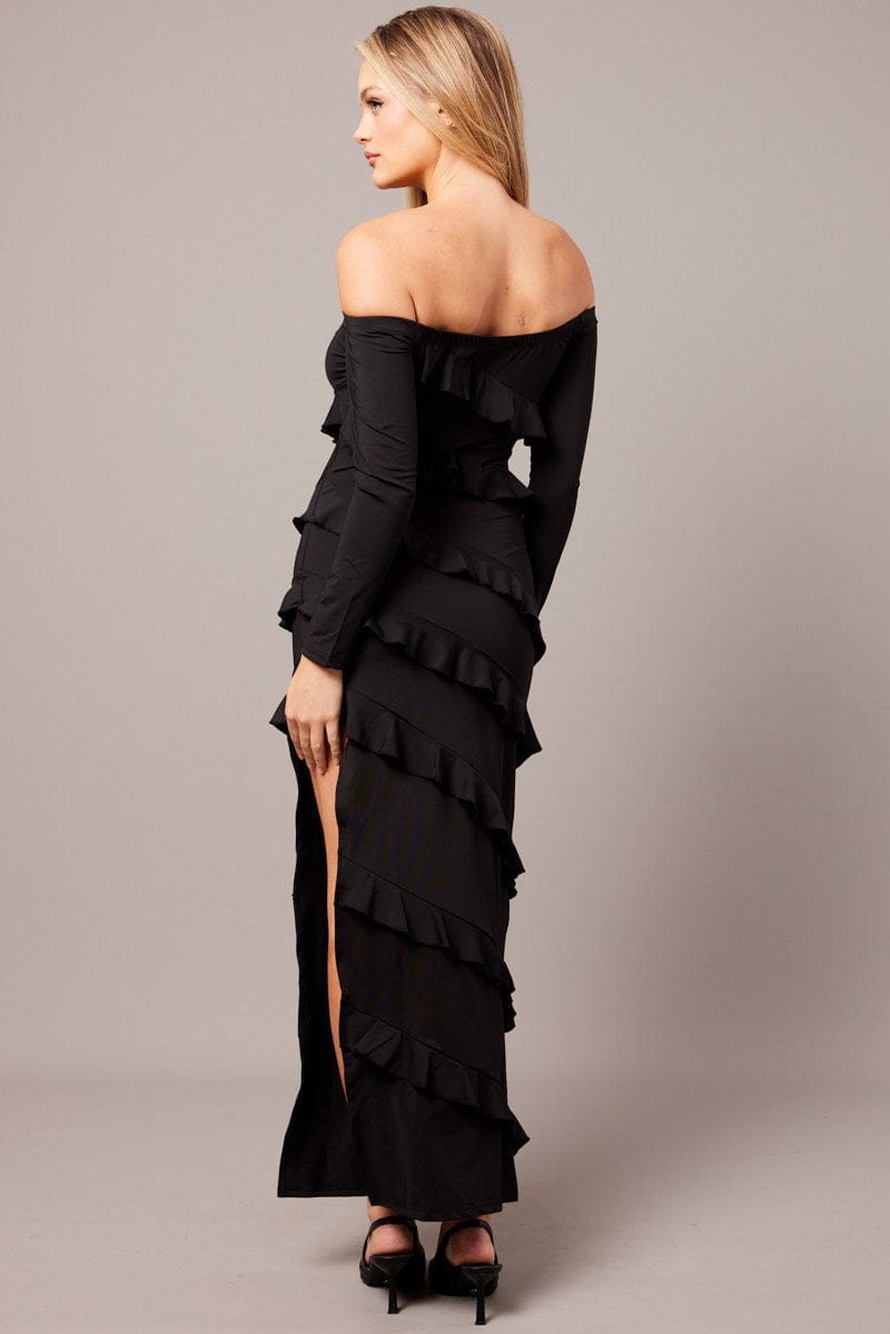 Black Maxi Dress Off Shoulder Ruffle Bardot Dress for Ally Fashion