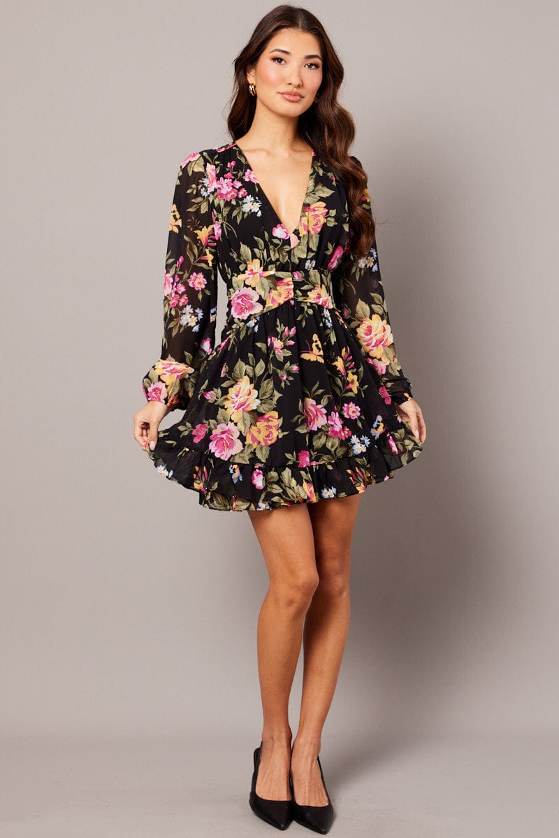 Black Floral Skater Dress Balloon Sleeve Ruffle Frill Dress for Ally Fashion