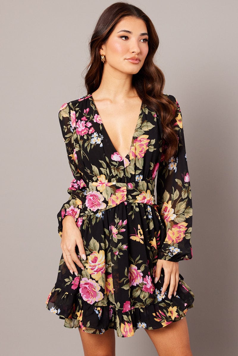 Black Floral Skater Dress Balloon Sleeve Ruffle Frill Dress for Ally Fashion