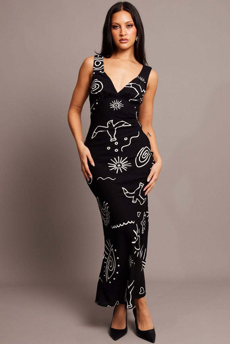 Black Abstract Maxi Dress Plunge V Neck Dress | Ally Fashion