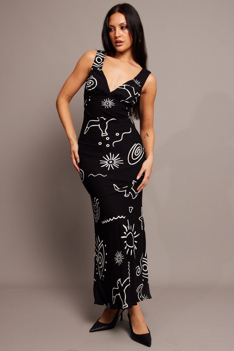 Black Abstract Maxi Dress Plunge V Neck Dress for Ally Fashion