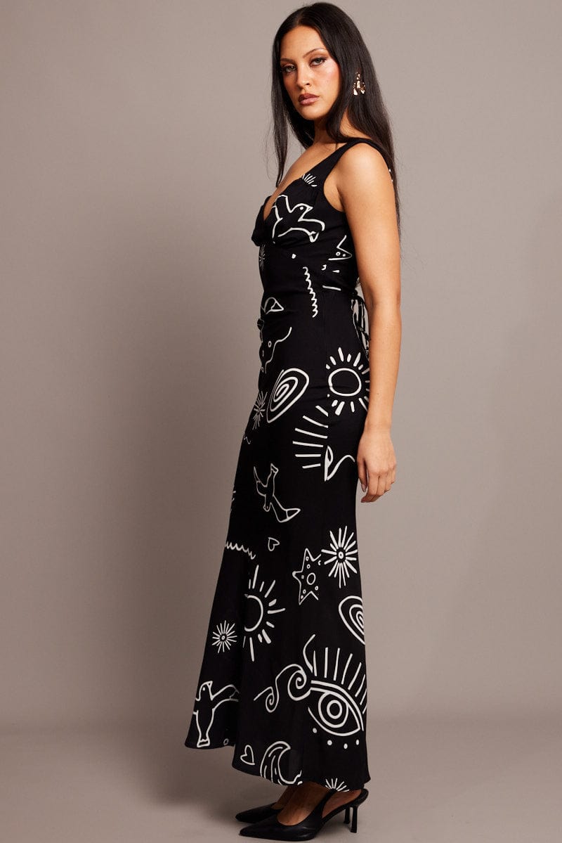 Black Abstract Maxi Dress Plunge V Neck Dress for Ally Fashion