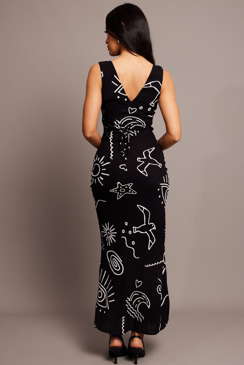 Black Abstract Maxi Dress Plunge V Neck Dress for Ally Fashion