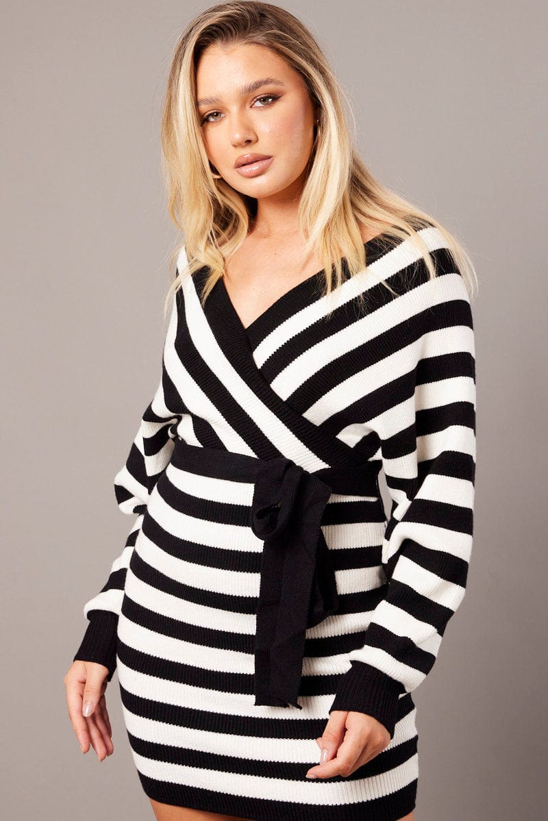 White Stripe Wrap Neck Knit Bodycon Dress for Ally Fashion