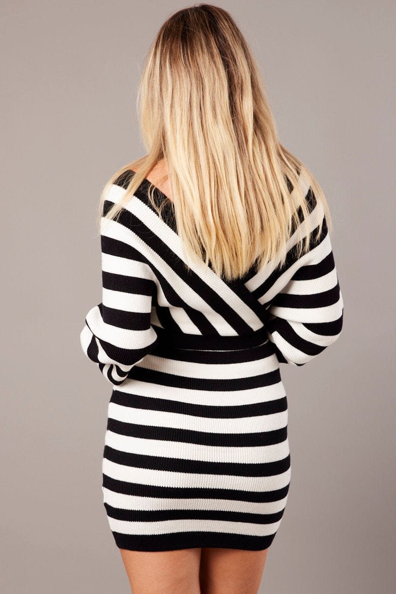 White Stripe Wrap Neck Knit Bodycon Dress for Ally Fashion