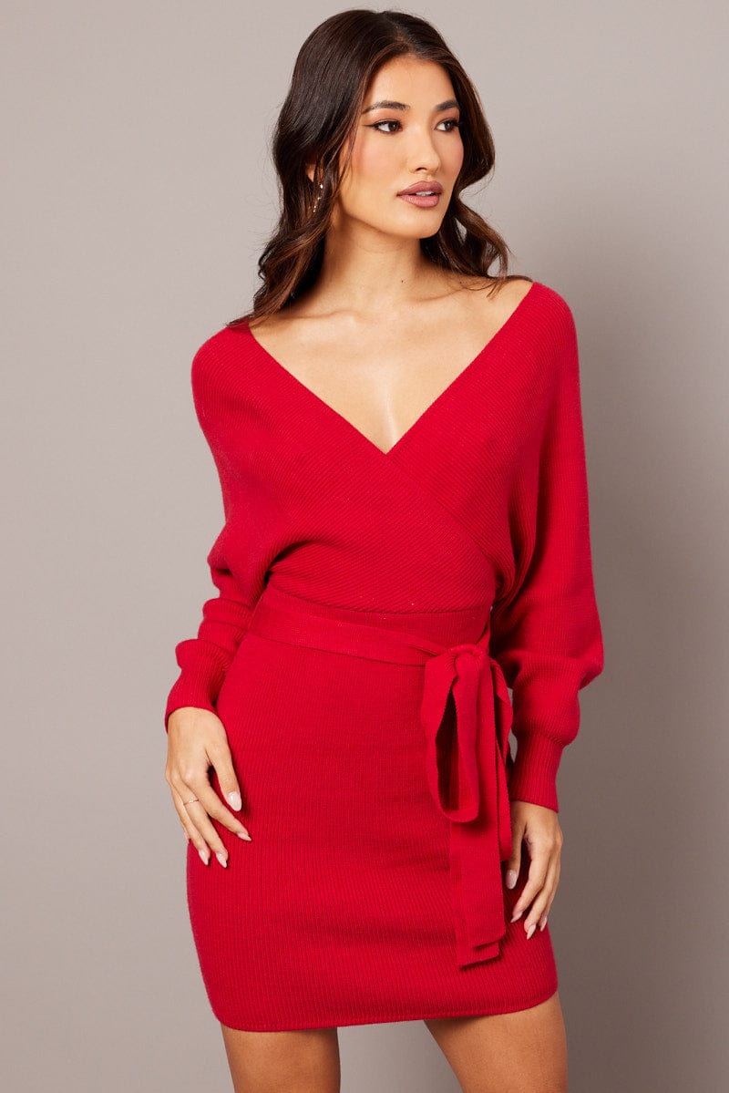 Red Knit Bodycon Dress Wrap Neck for Ally Fashion