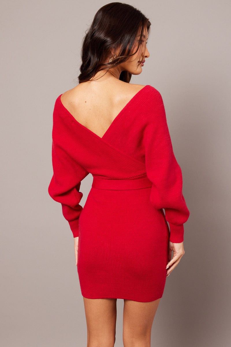 Red Knit Bodycon Dress Wrap Neck for Ally Fashion