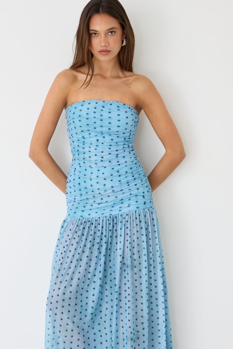 Blue Polka Dot Strapless Bodycon Maxi Dress for Ally Fashion