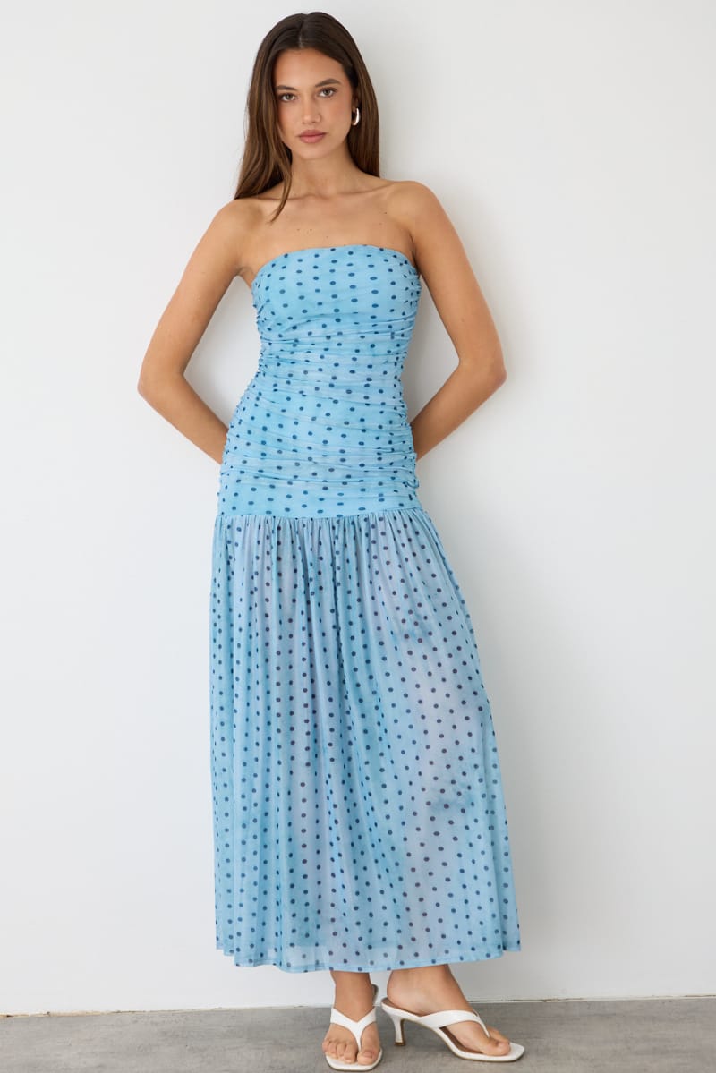 Blue Polka Dot Strapless Bodycon Maxi Dress for Ally Fashion