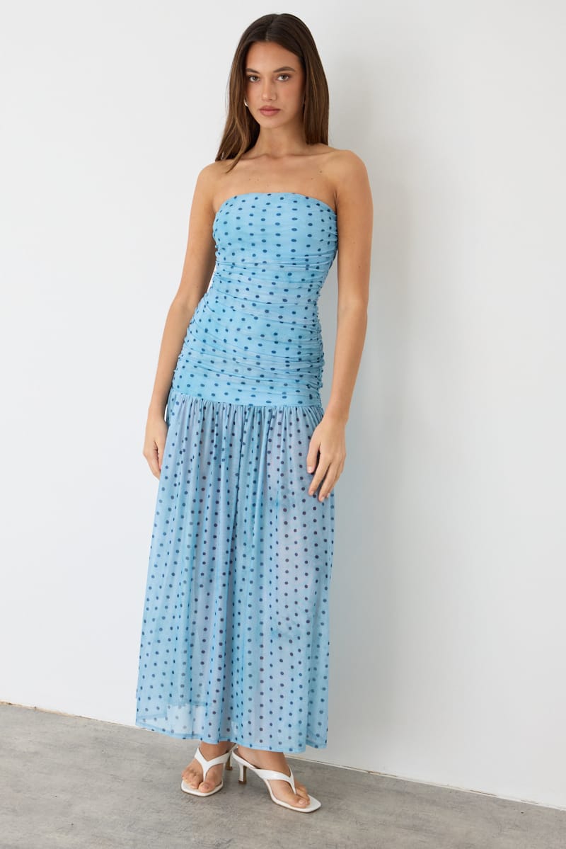 Blue Polka Dot Strapless Bodycon Maxi Dress for Ally Fashion