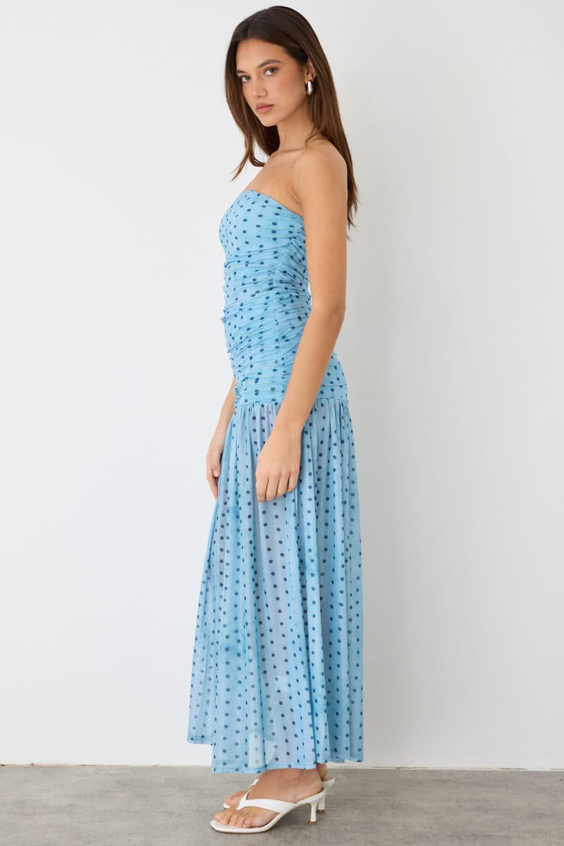 Blue Polka Dot Strapless Bodycon Maxi Dress for Ally Fashion