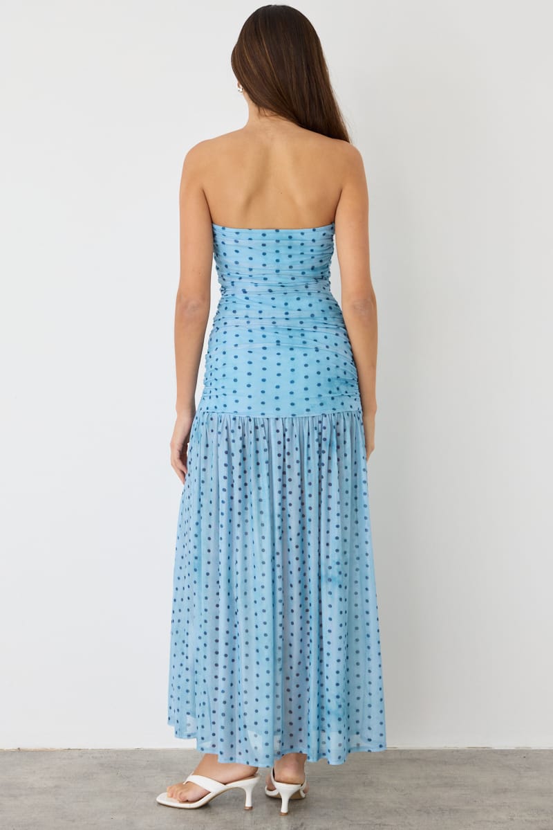 Blue Polka Dot Strapless Bodycon Maxi Dress for Ally Fashion