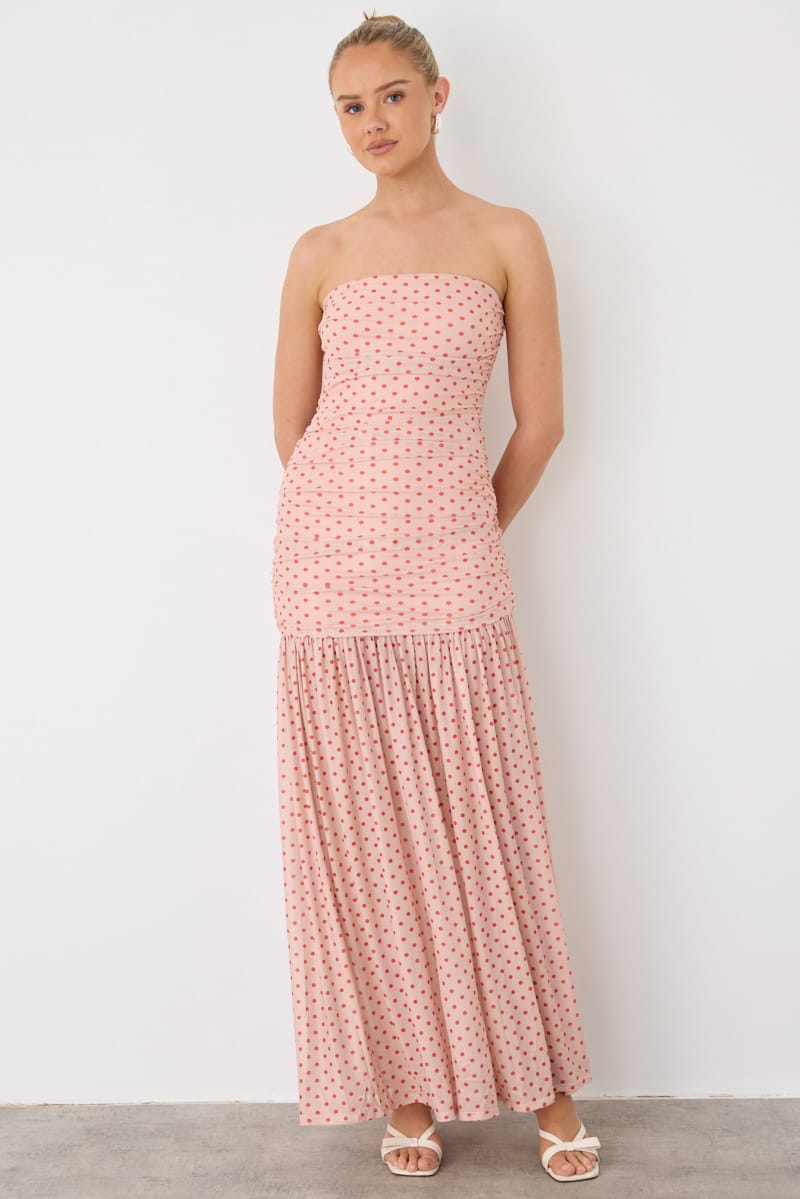 Pink Polka Dot Strapless Bodycon Maxi Dress for Ally Fashion