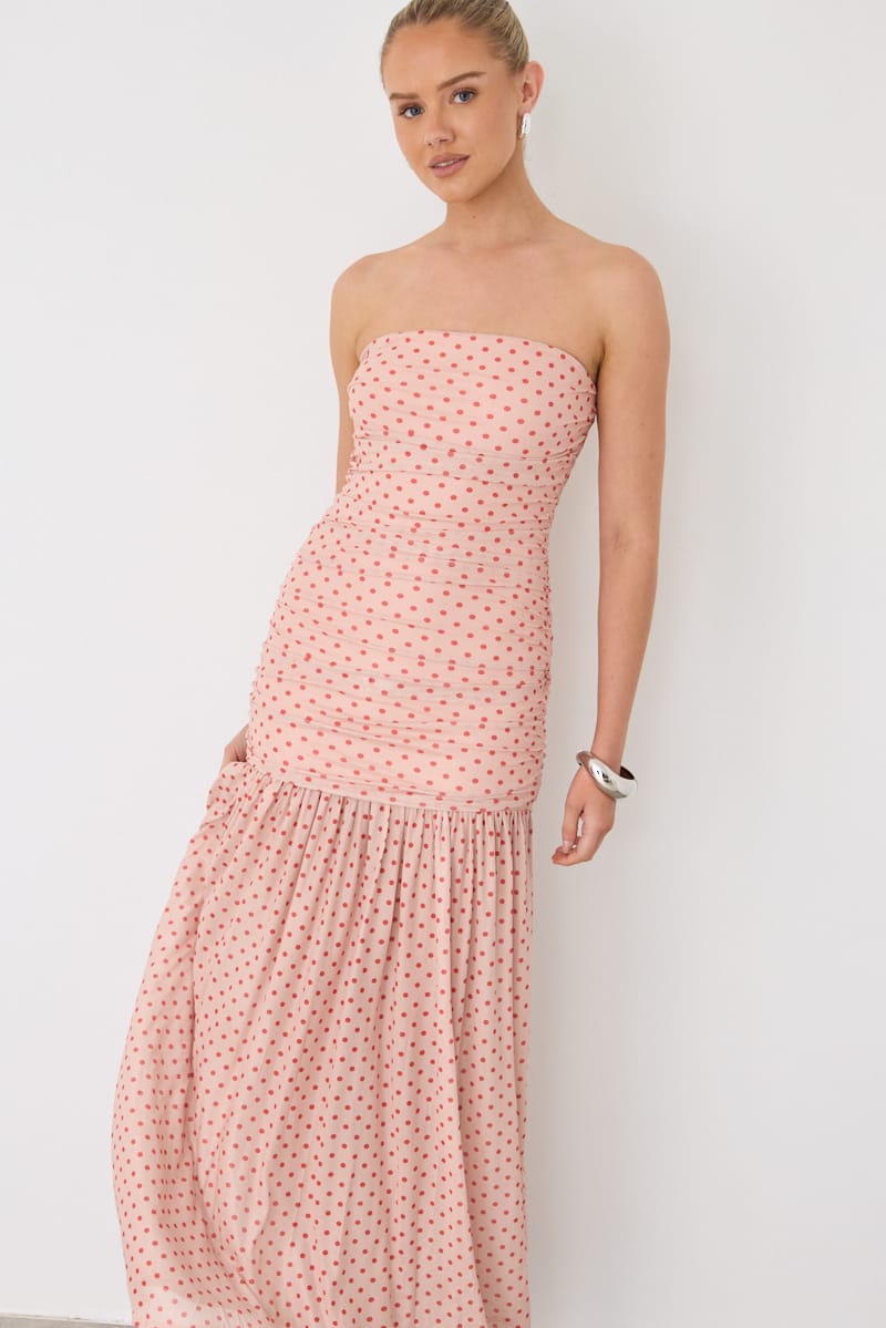 Pink Polka Dot Strapless Bodycon Maxi Dress for Ally Fashion