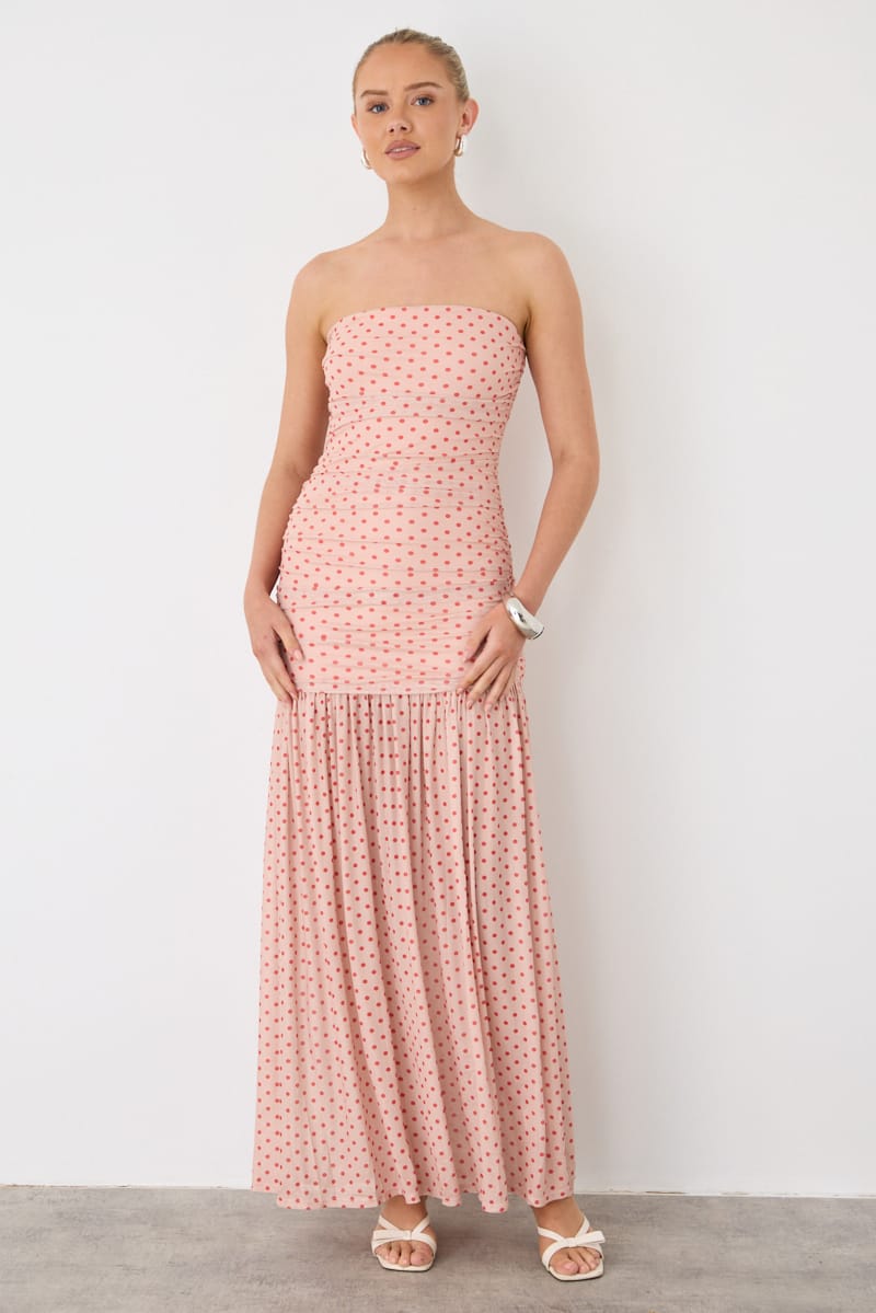 Pink Polka Dot Strapless Bodycon Maxi Dress for Ally Fashion